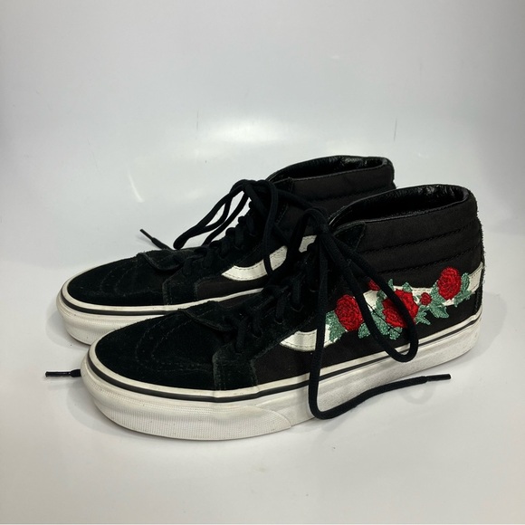 Vans Sk8 mid high top sneakers rose thorns embroidered black red women’s size 8 - Picture 3 of 9